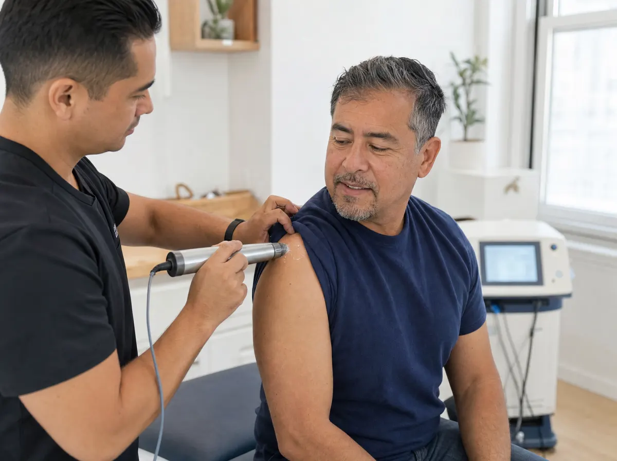 Shockwave therapy applied to a patient’s shoulder